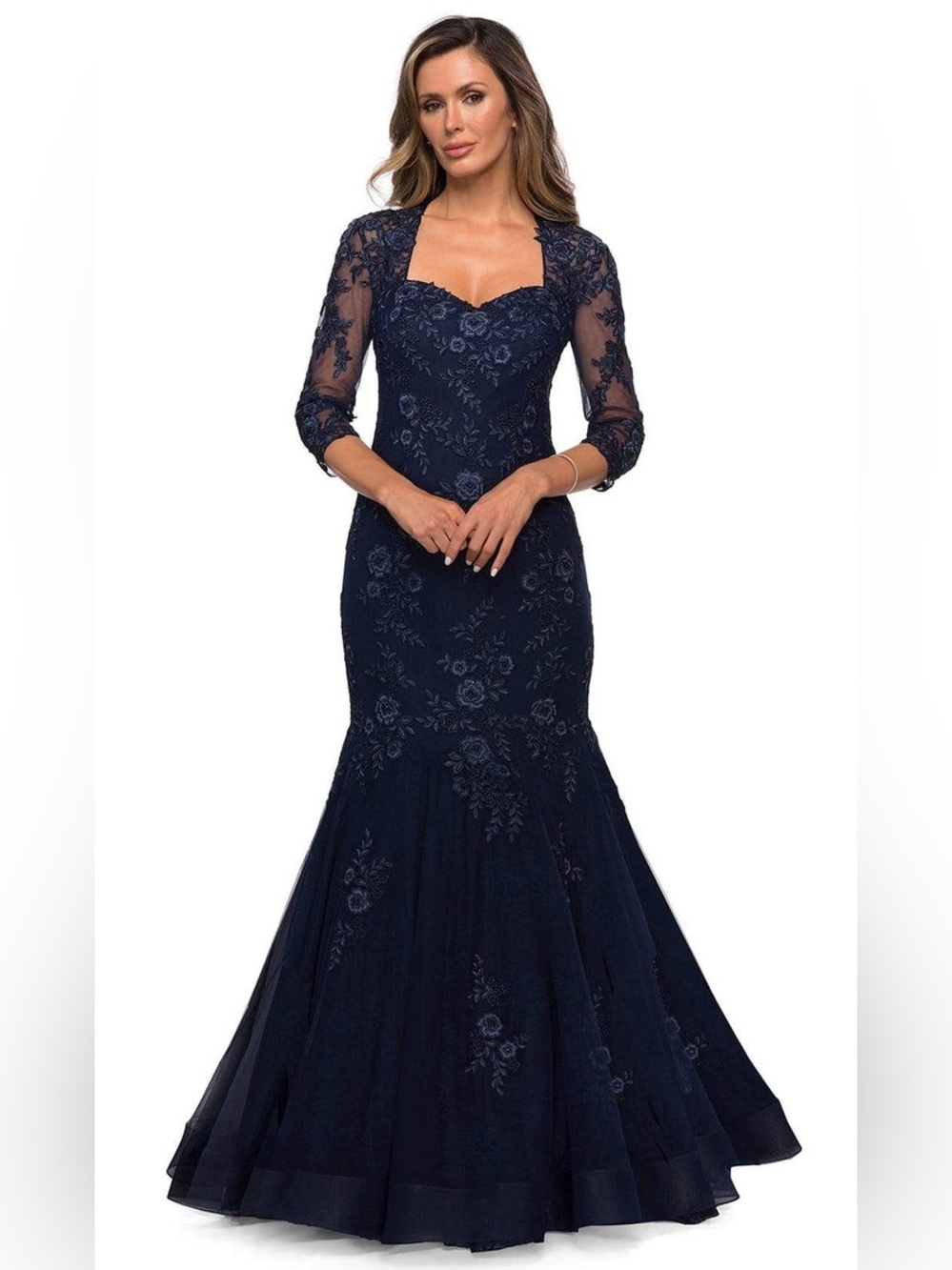 La Femme Blue Navy Size 10 3/4 Sleeve Embroidered Tulle Mermaid Maxi Gown Dress